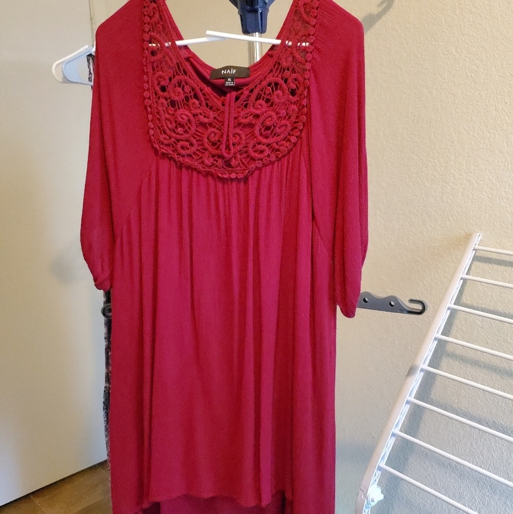 Red short dress.